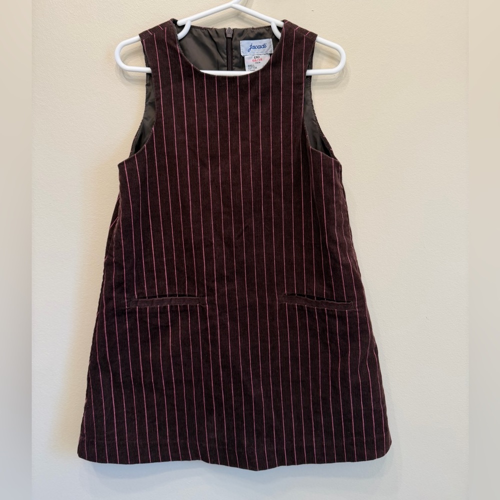 Jacadi dress 6 girls dress brown corduroy pin stripe pink pockets lined LIKE NEW